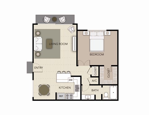 Floor plan for 1 bed, 1 bath, 752 sqft